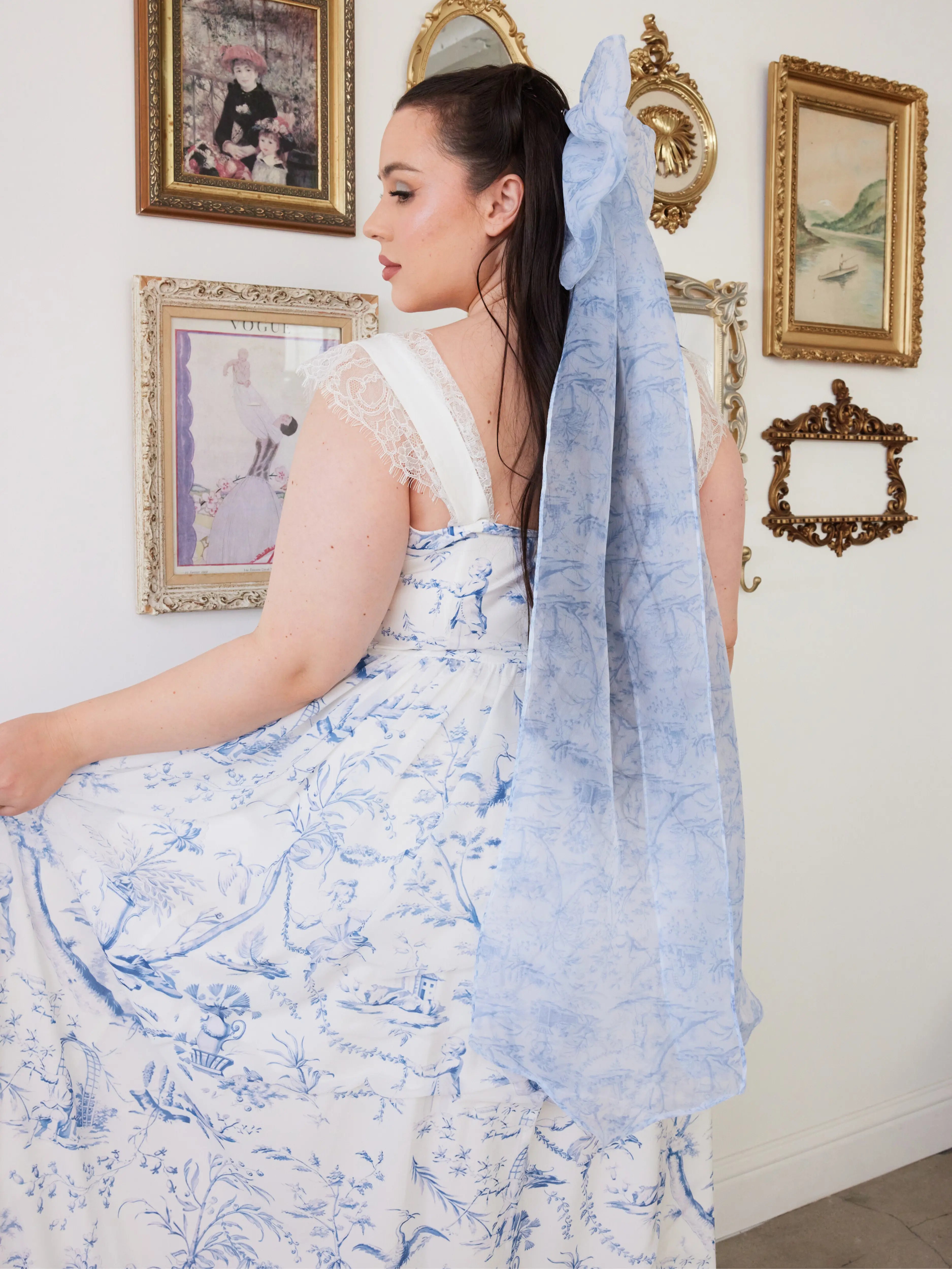 The Blue Toile Angel Dress with matching print hair bow, The Blue Toile Large Hair Bow.