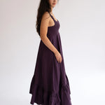 Regal purple, heavy cotton midi dress with ruffled hem and tank-style bodice.
