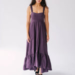 The Cotton Everyday Midi Dress is a regal purple heavy cotton midi dress with ruffle hem and adjustable straps.