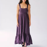 The Cotton Everyday Midi Dress is a regal purple heavy cotton midi dress with ruffle hem and adjustable straps.