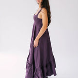 Purple cotton midi dress with ruched straps.