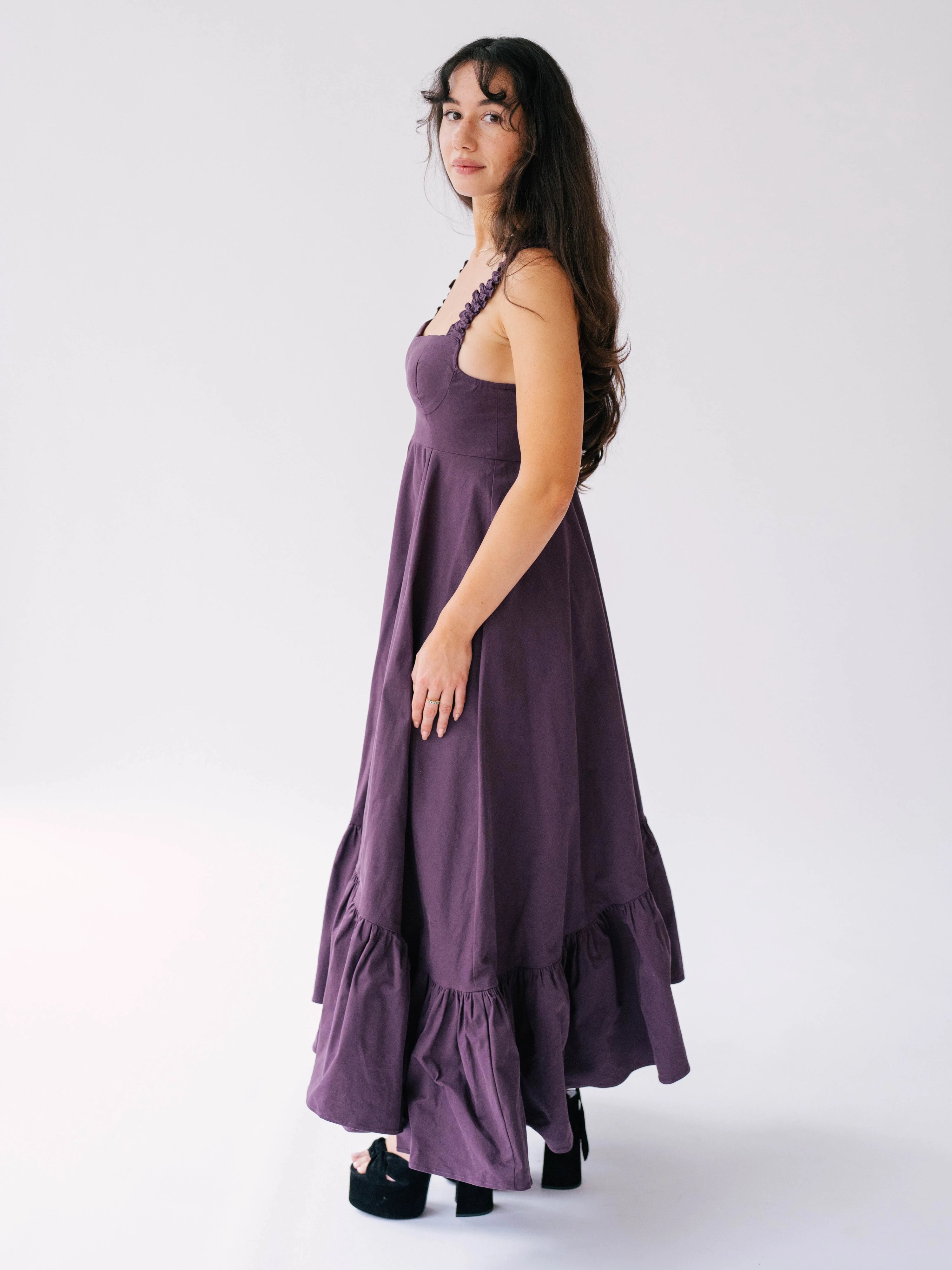 Purple cotton midi dress with ruched straps.