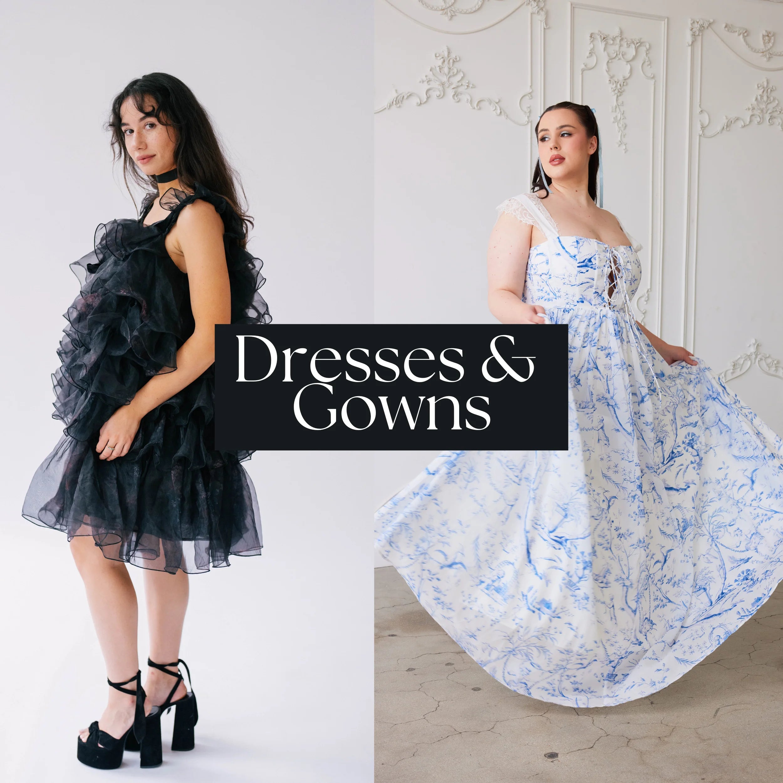 The Blue Toile Angel Dress and The Light As A Feather Puff Dress being worn by different women. Center text reads: "Dresses and Gowns"