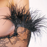 Black lace and feather decorative opera glove.