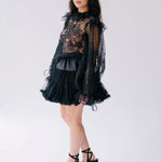 Victorian style black lace blouse with sheer puff sleeves.