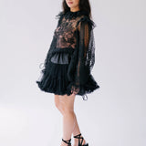 Victorian style black lace blouse with sheer puff sleeves.