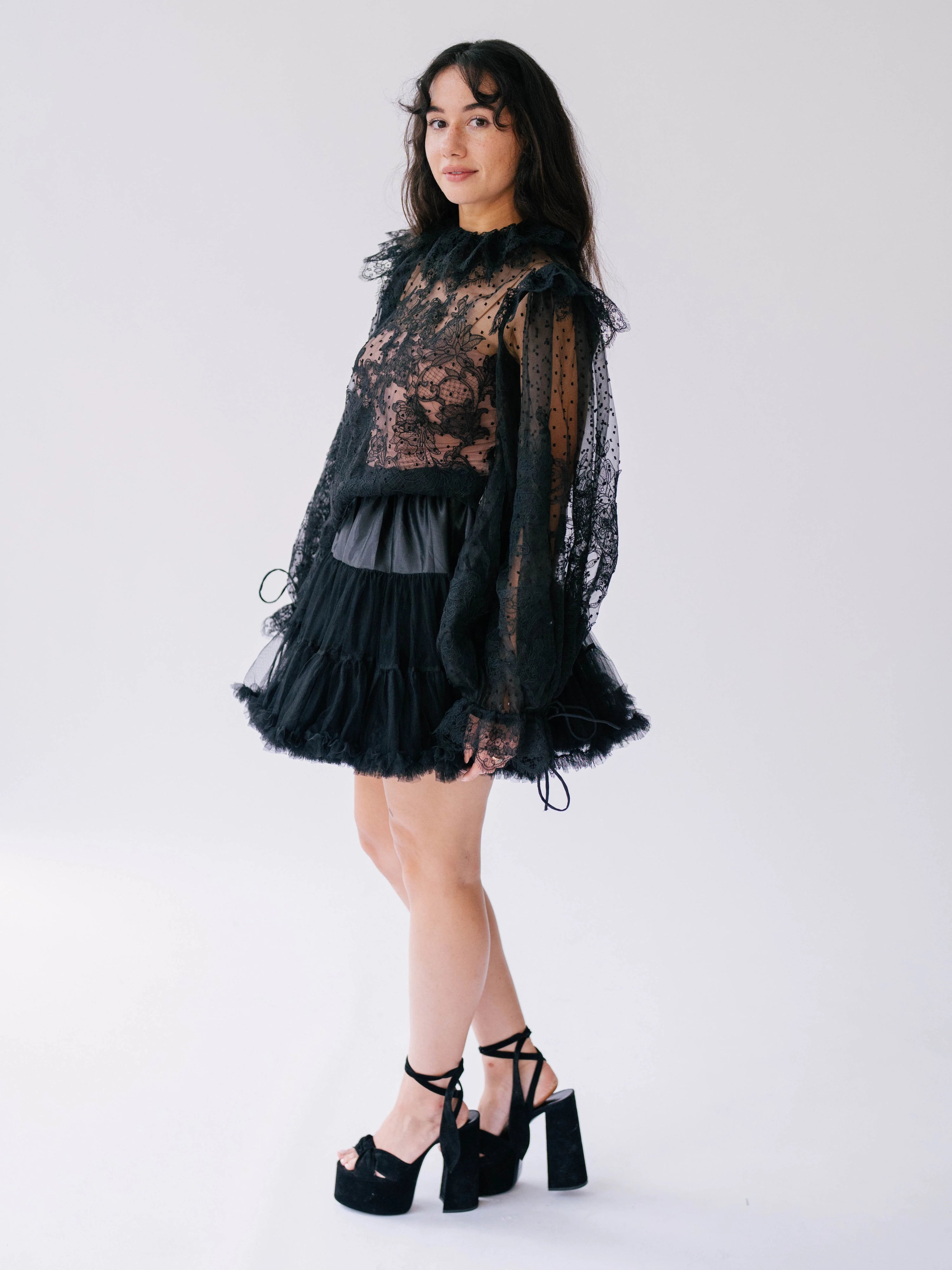 Victorian style black lace blouse with sheer puff sleeves.