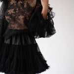 Black lace blouse with sheer bodice and a floral lace design.