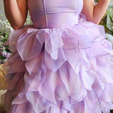 Lavender Eventyr Tulip Dress with hand-cut ruffled skirt made of layered fabric petals