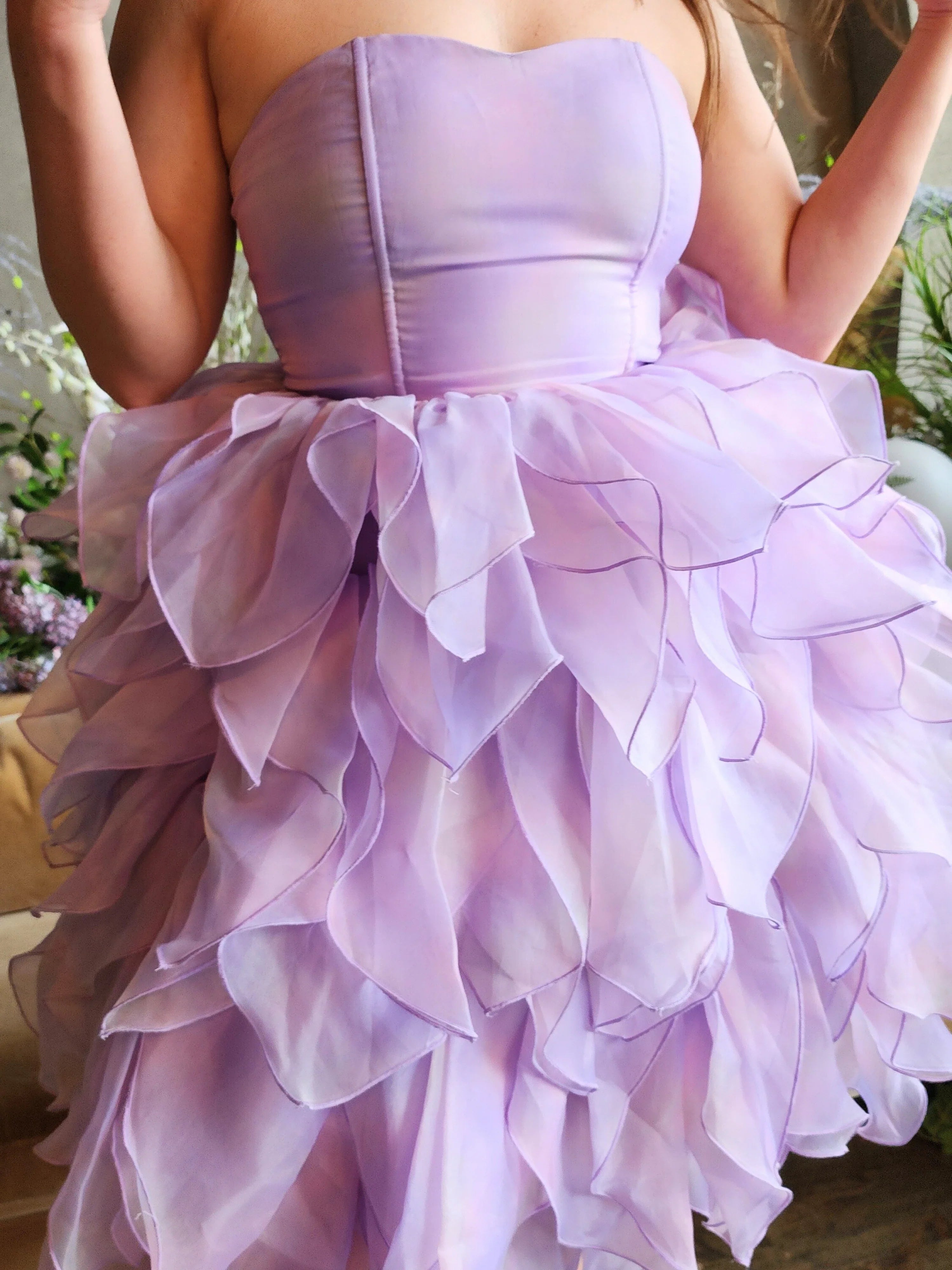 Lavender Eventyr Tulip Dress with hand-cut ruffled skirt made of layered fabric petals