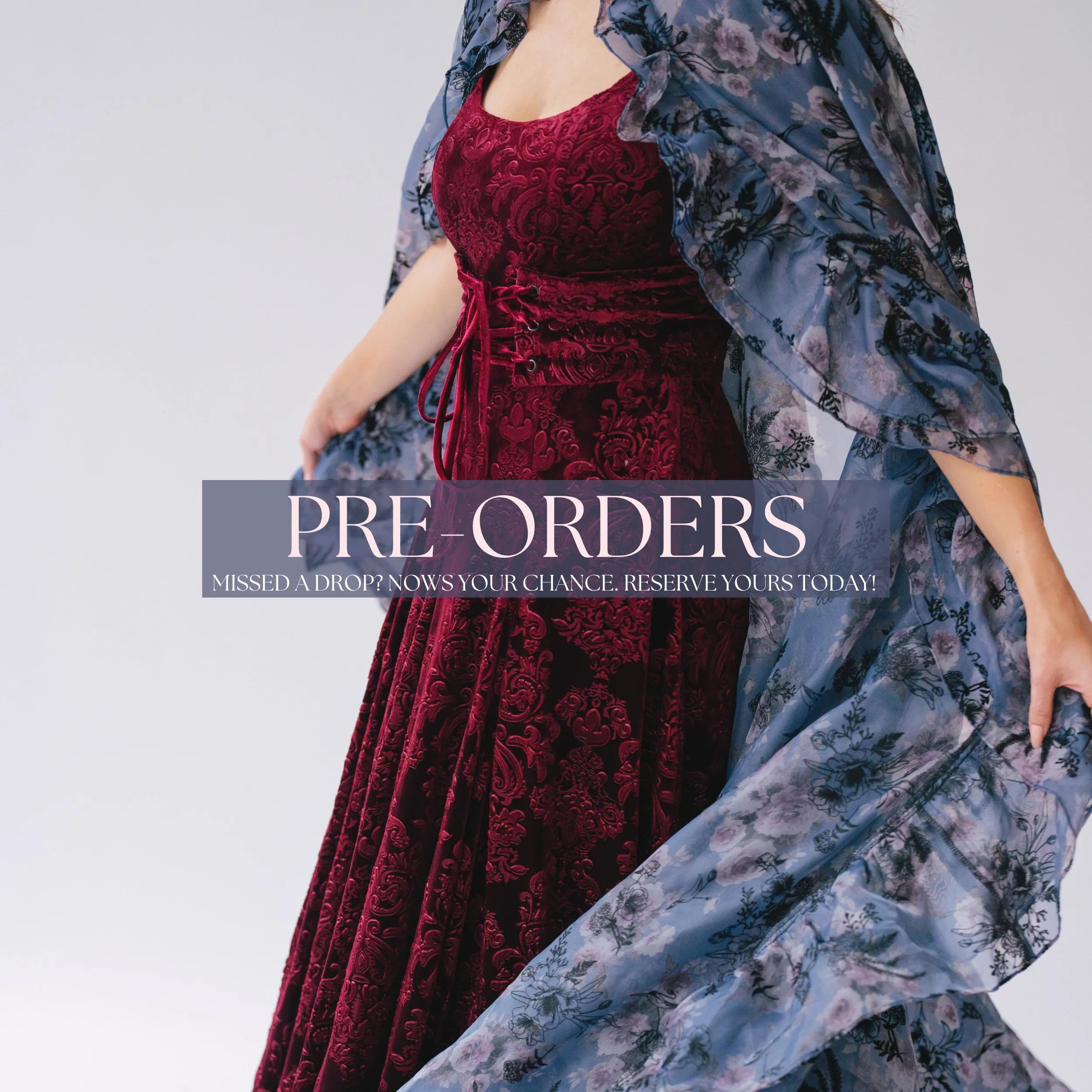 The High Priestess Victorian Cloak worn by a woman showing it's movement. Center text reads: "Pre-Orders, missed a drop? now's your chance. Reserve yours today!"