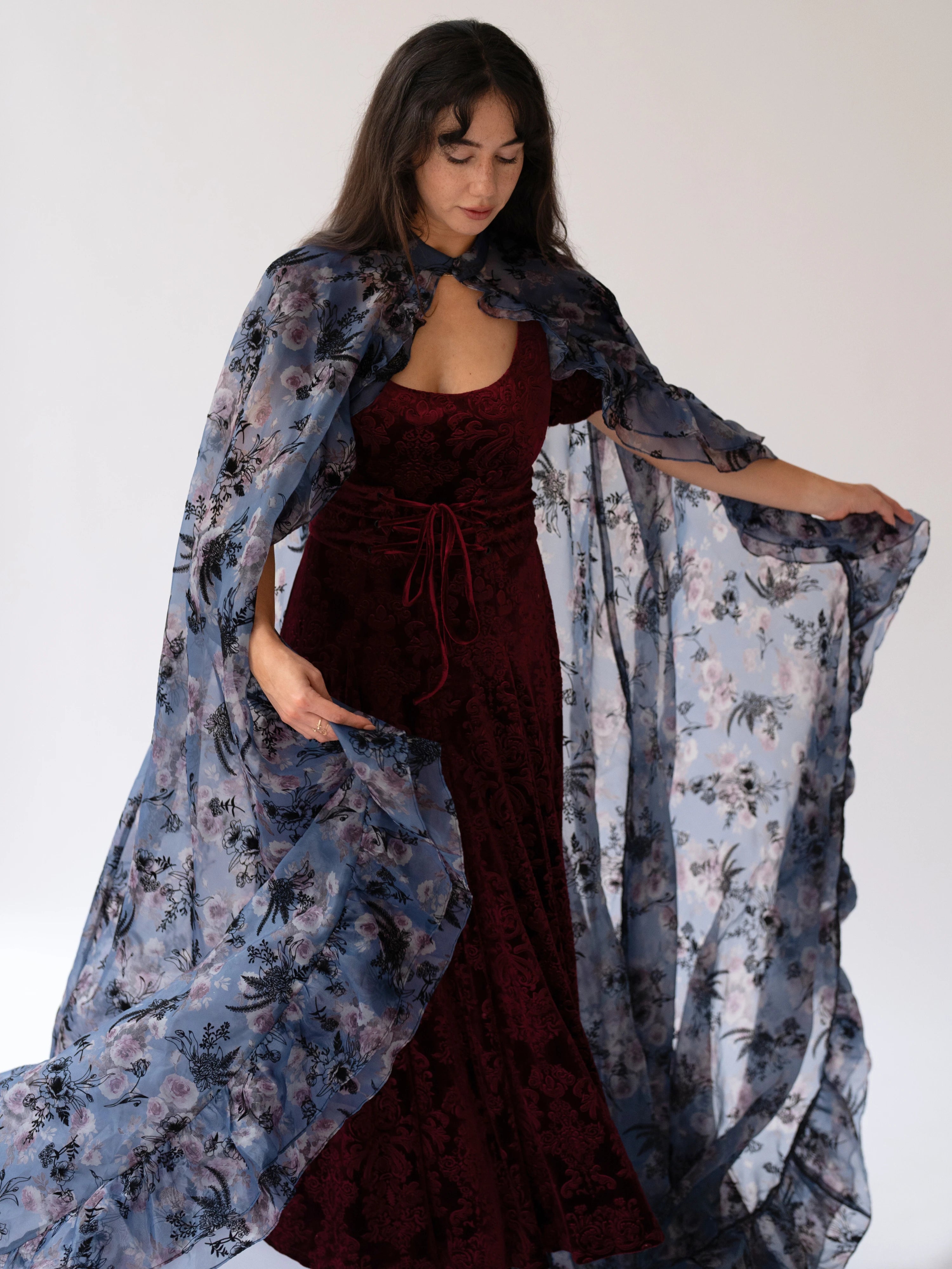 The Velvet Viola Victorian Dress paired with The High Priestess Victorian Cloak.