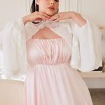 The Ballerina Pink Satin Midi Dress underneath the Ivory Lady Elizabeth Bolero Jacket.