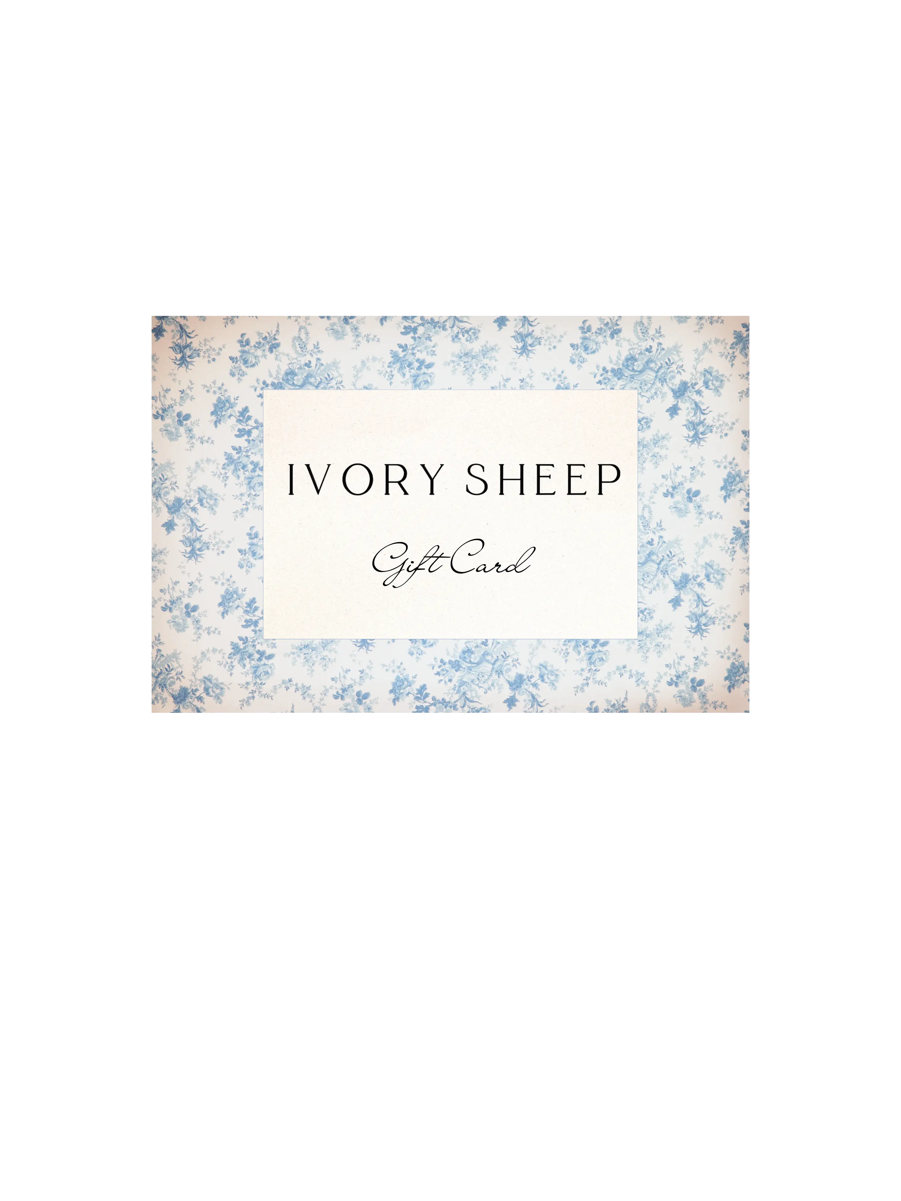 Victorian styled, blue toile Ivory Sheep gift card 