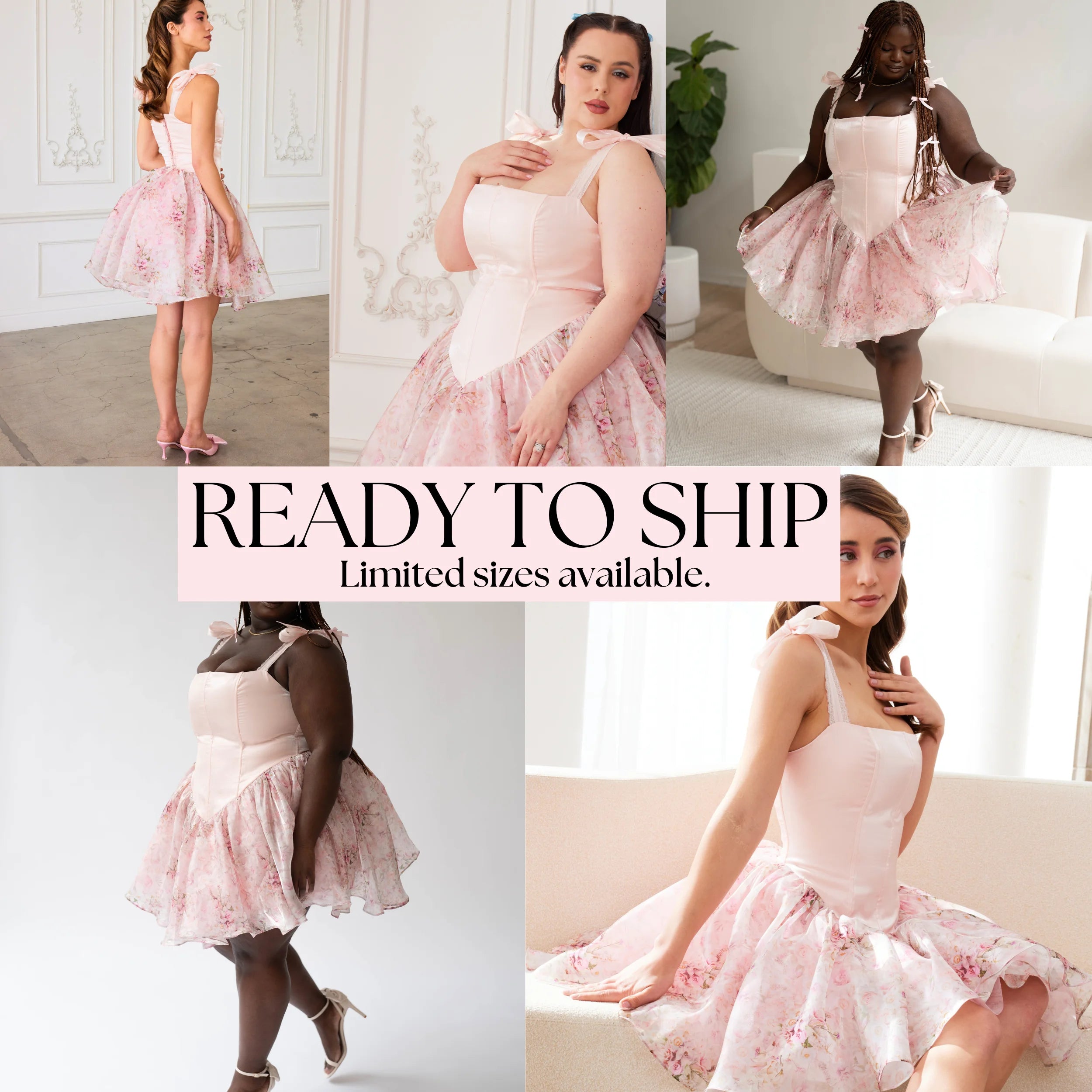 The Rosewater Corset Mini Dress showcased on different models. center text reads "Ready to ship, limited sizes available"