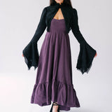 The Lady Elizabeth Midnight Black Victorian Jacket, a black bell sleeve bolero jacket overtop The Cotton Everyday Midi Dress, a regal purple heavy cotton midi dress.