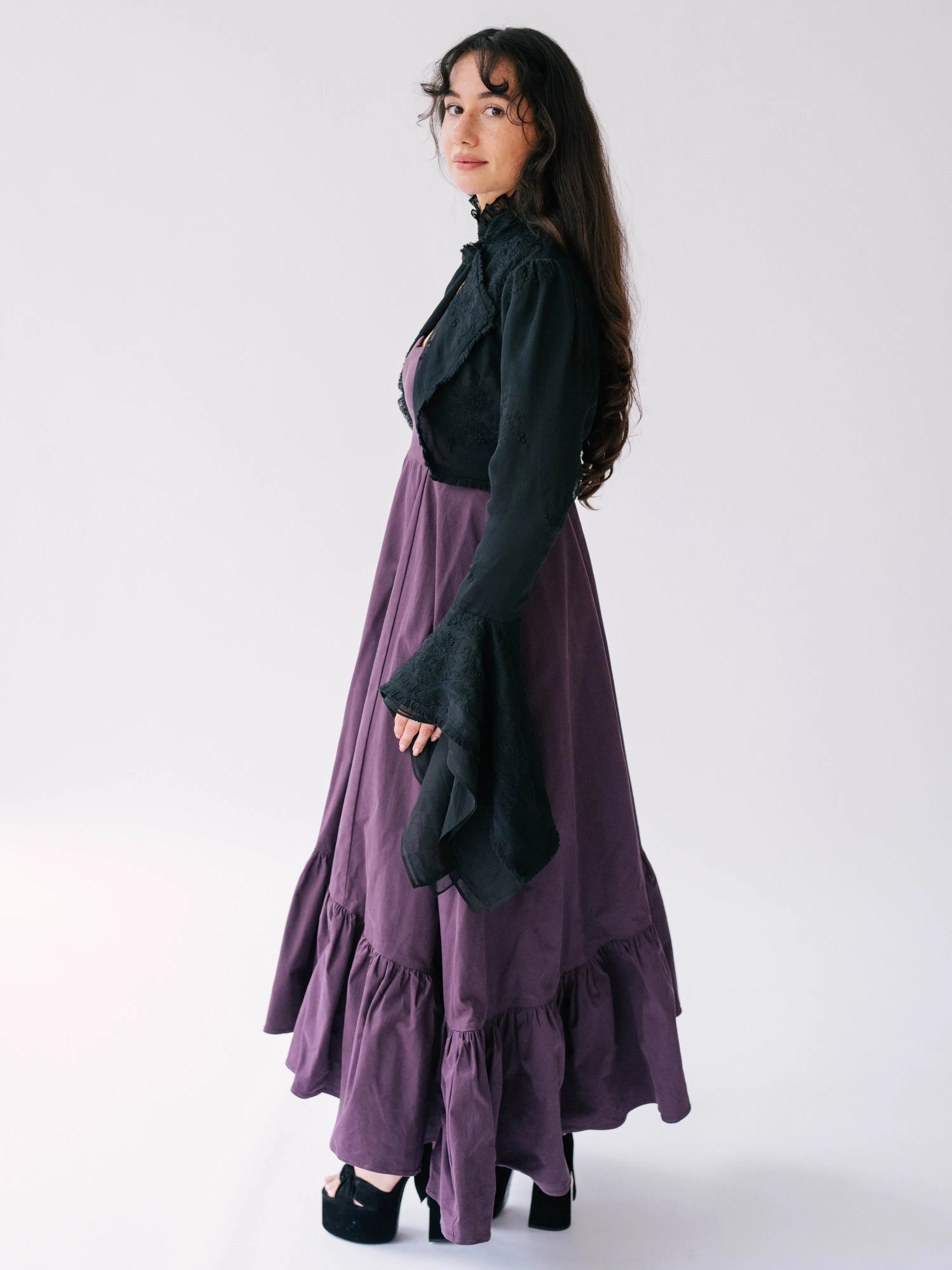 The Lady Elizabeth Midnight Black Victorian Jacket paired overtop The Cotton Everyday Midi Dress.
