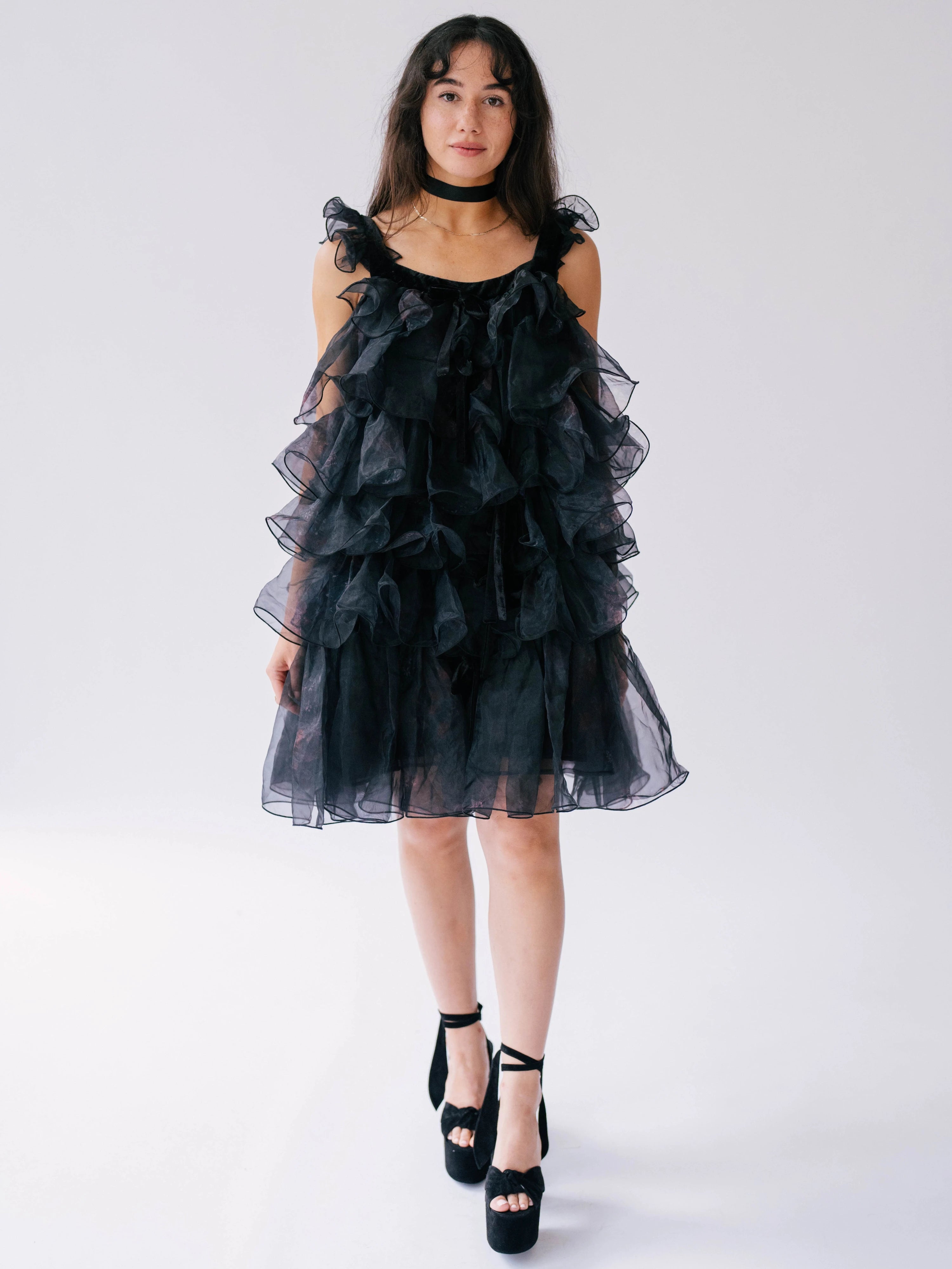 The Light As A Feather Puff Dress is a delicate poofy dress made of soft poly organza with a ghostly floral fabric. 