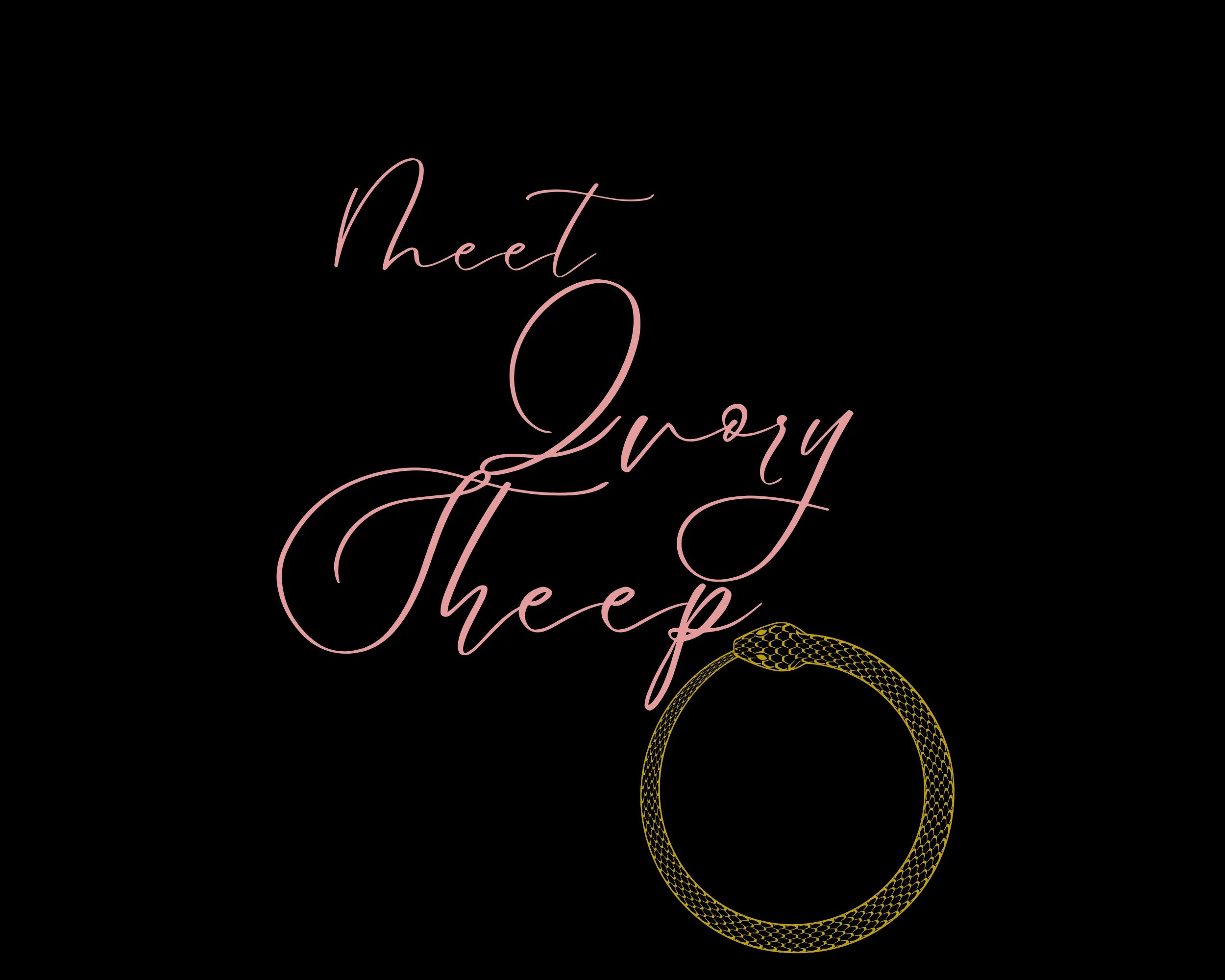 A banner image with the text "Meet Ivory Sheep" For the About Us Page. styled with Cursive writing alongside our Ouroborus icon. 