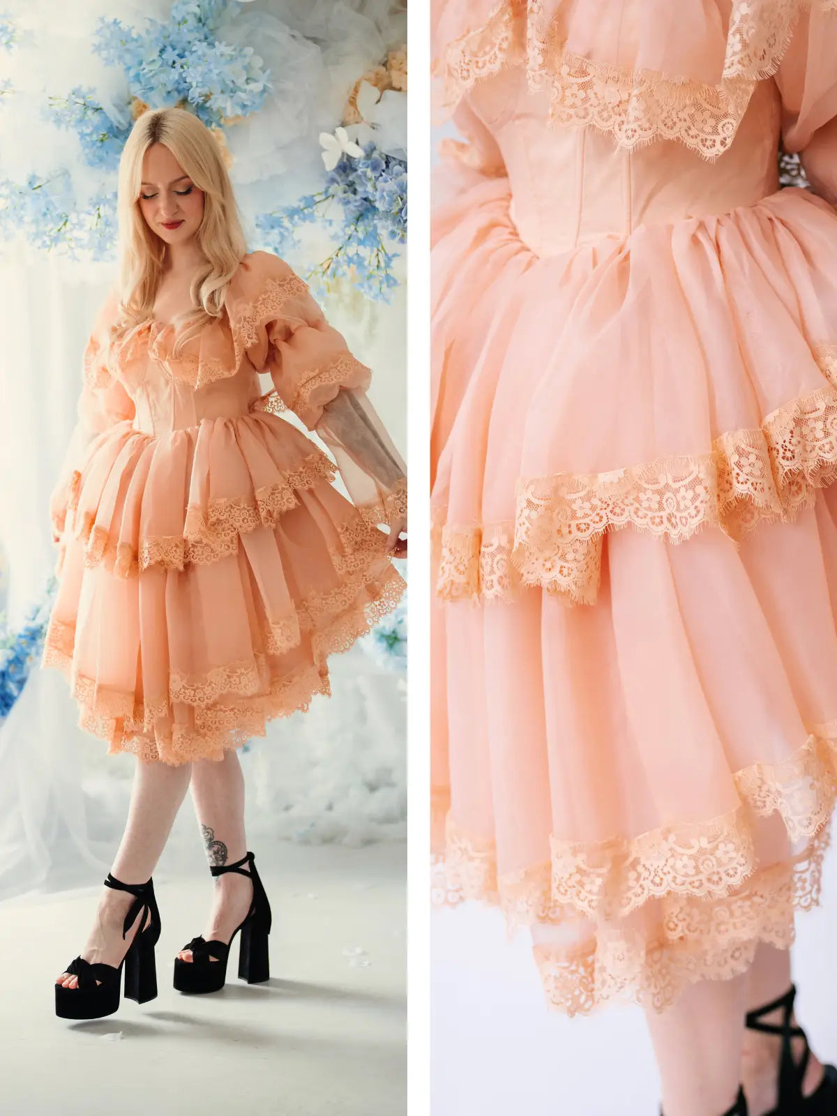 Woman wearing a peach lace dress with close-up details against a light background