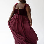 The Scarlet Red Scorned Lovers Gown, a corset dress with a velvet bodice and flowy chiffon skirt.