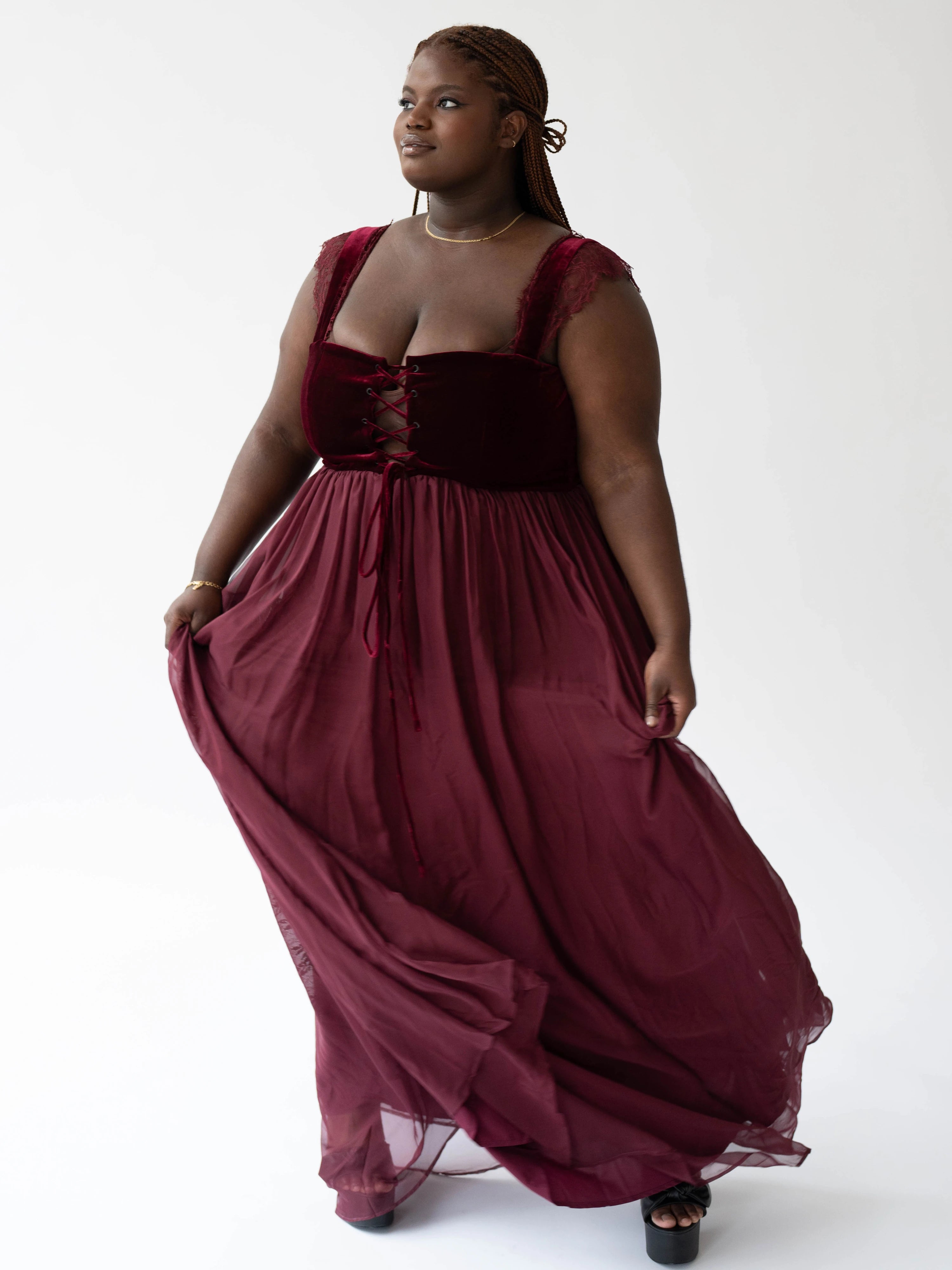 The Scarlet Red Scorned Lovers Gown, a corset dress with a velvet bodice and flowy chiffon skirt.