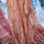 Side view of The Twilight Bloom Bustle Skirt’s flowing floral organza fabric, emphasizing its dreamy fairytale aesthetic.