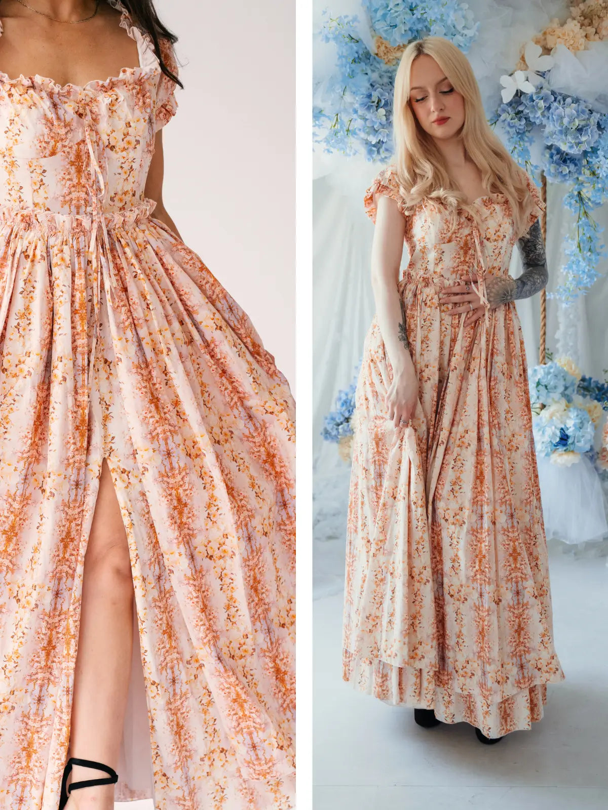 Floral Cotton dress with a high slit on a plain background, followed by a woman wearing the same dress against a decorative backdrop.