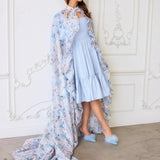 Flowing floral cape over Alice Blue Josephine Midi Dress with matching shoes