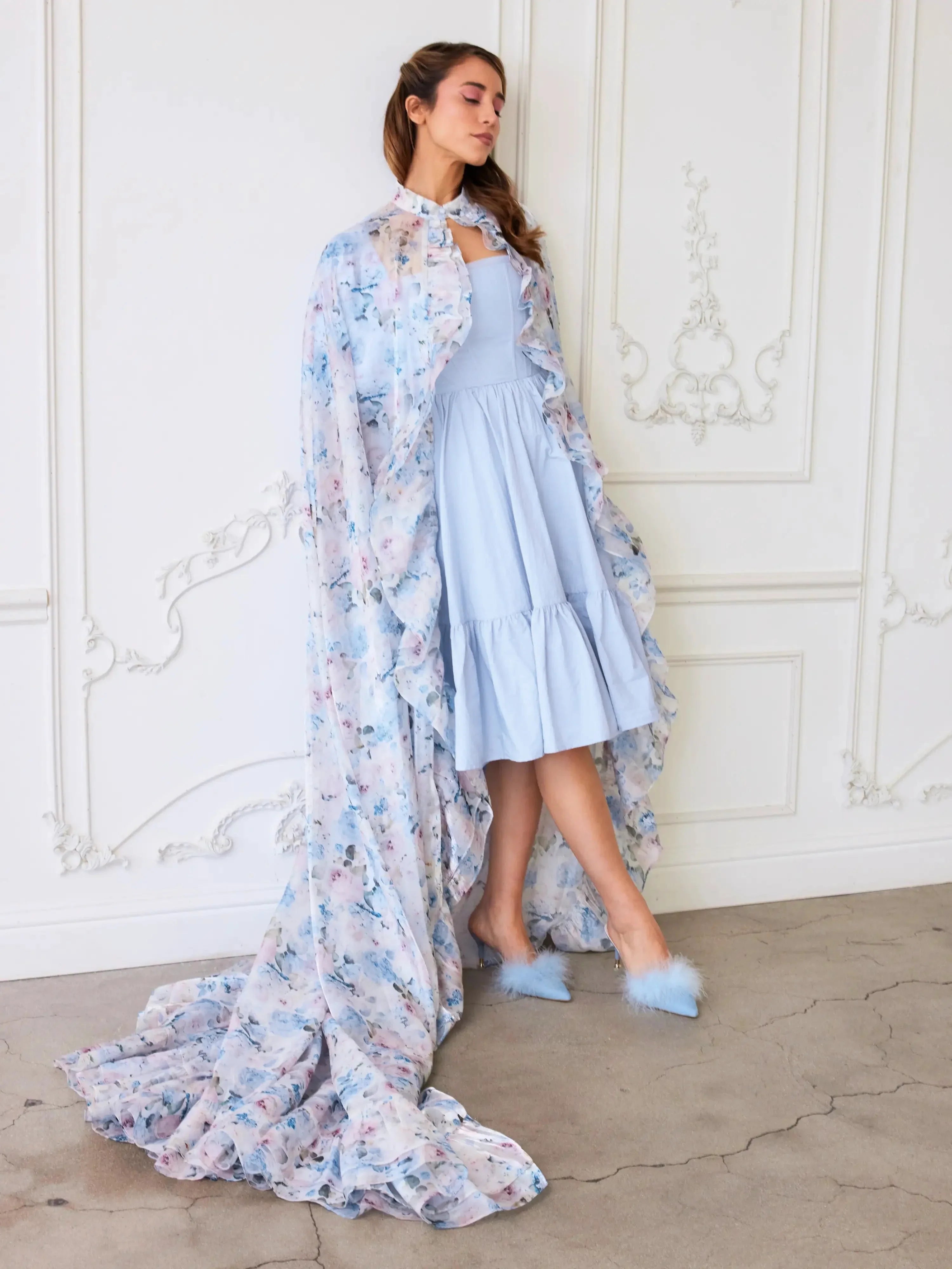 Flowing floral cape over Alice Blue Josephine Midi Dress with matching shoes