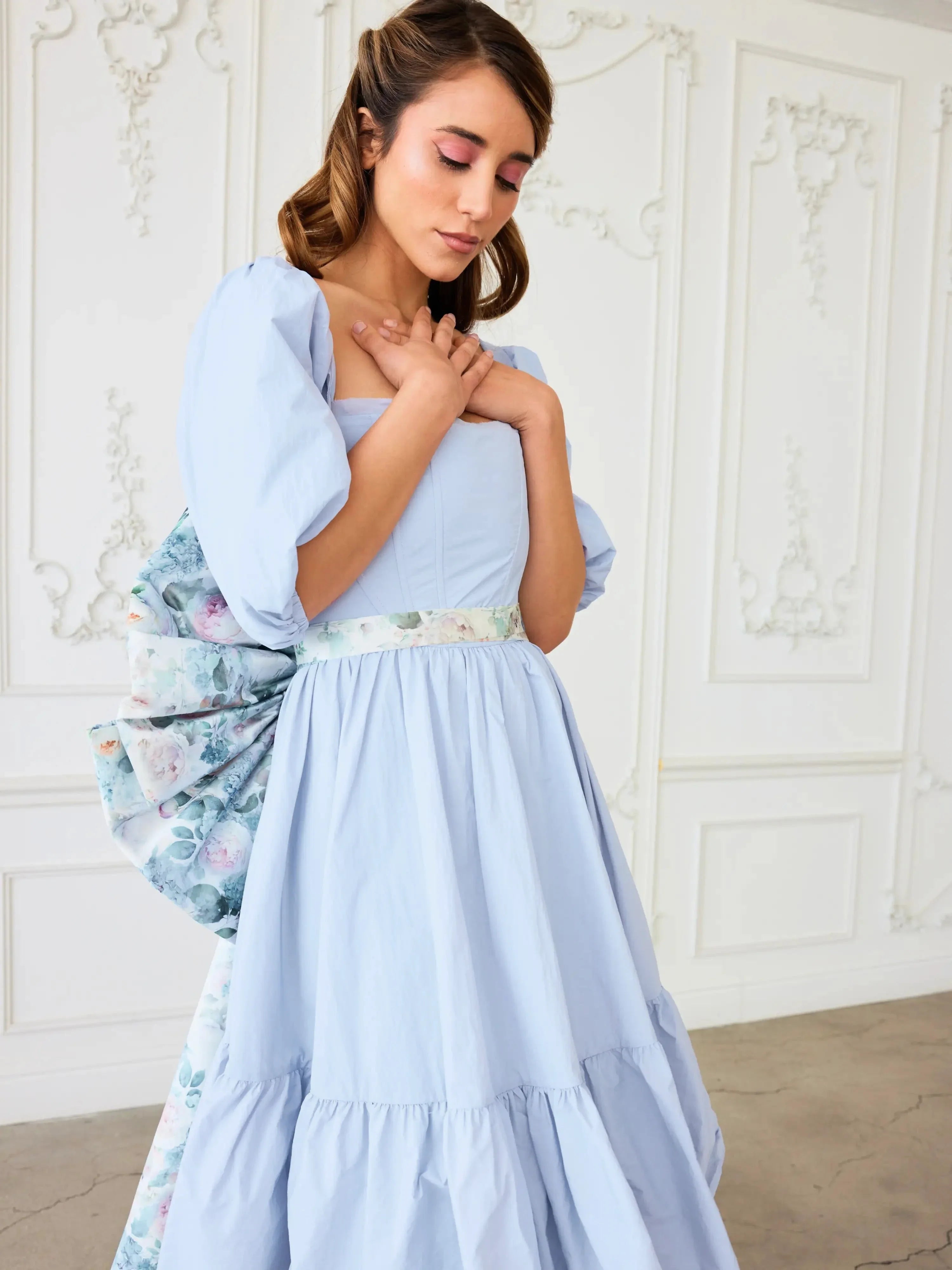 Light blue floral Josephine midi dress with ruffled tiers and white belt