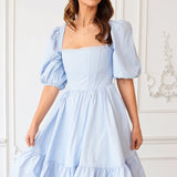 Light blue puff-sleeve Josephine Midi Dress with square neckline and tiered skirt