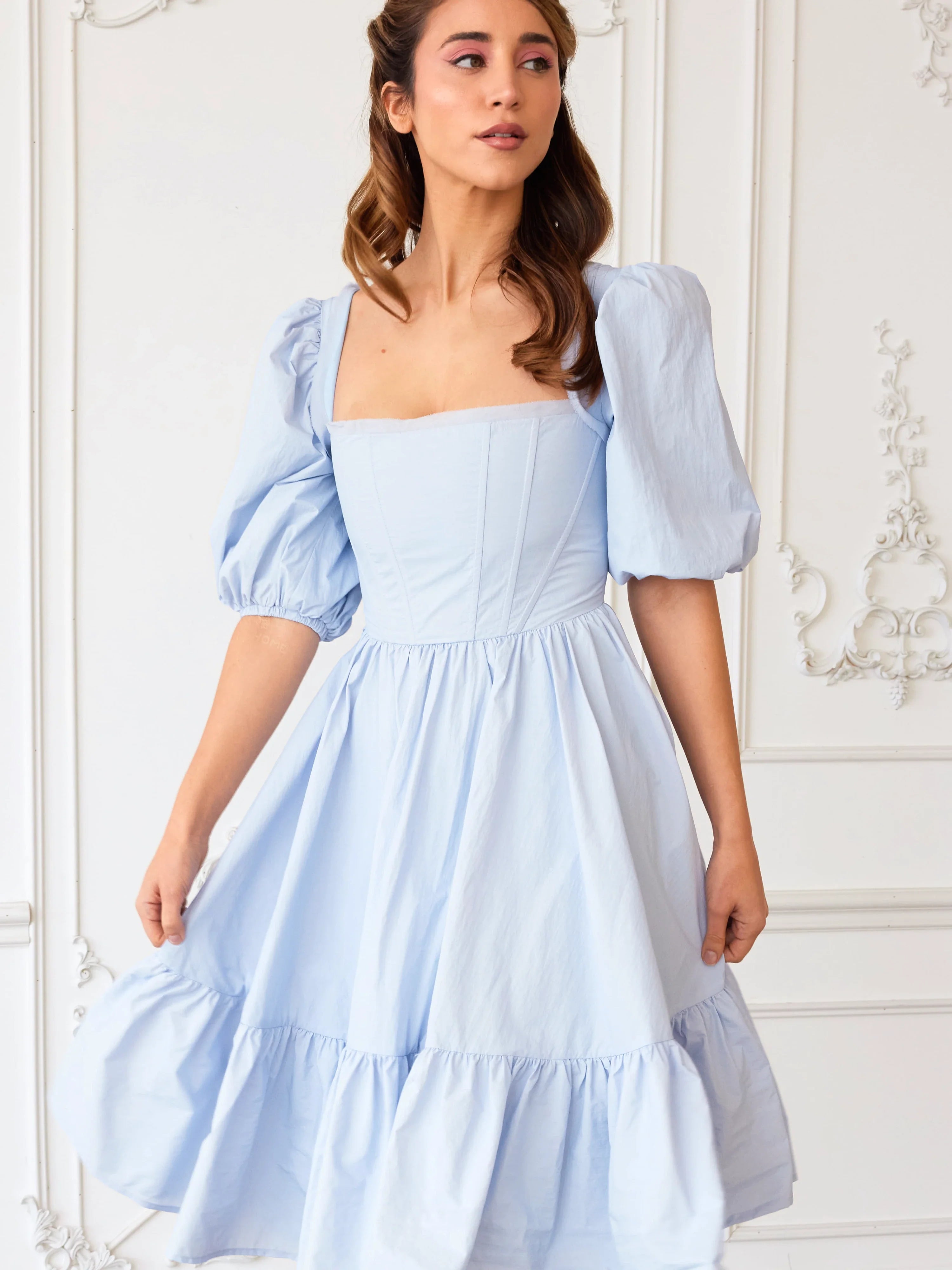 Light blue puff-sleeve Josephine Midi Dress with square neckline and tiered skirt