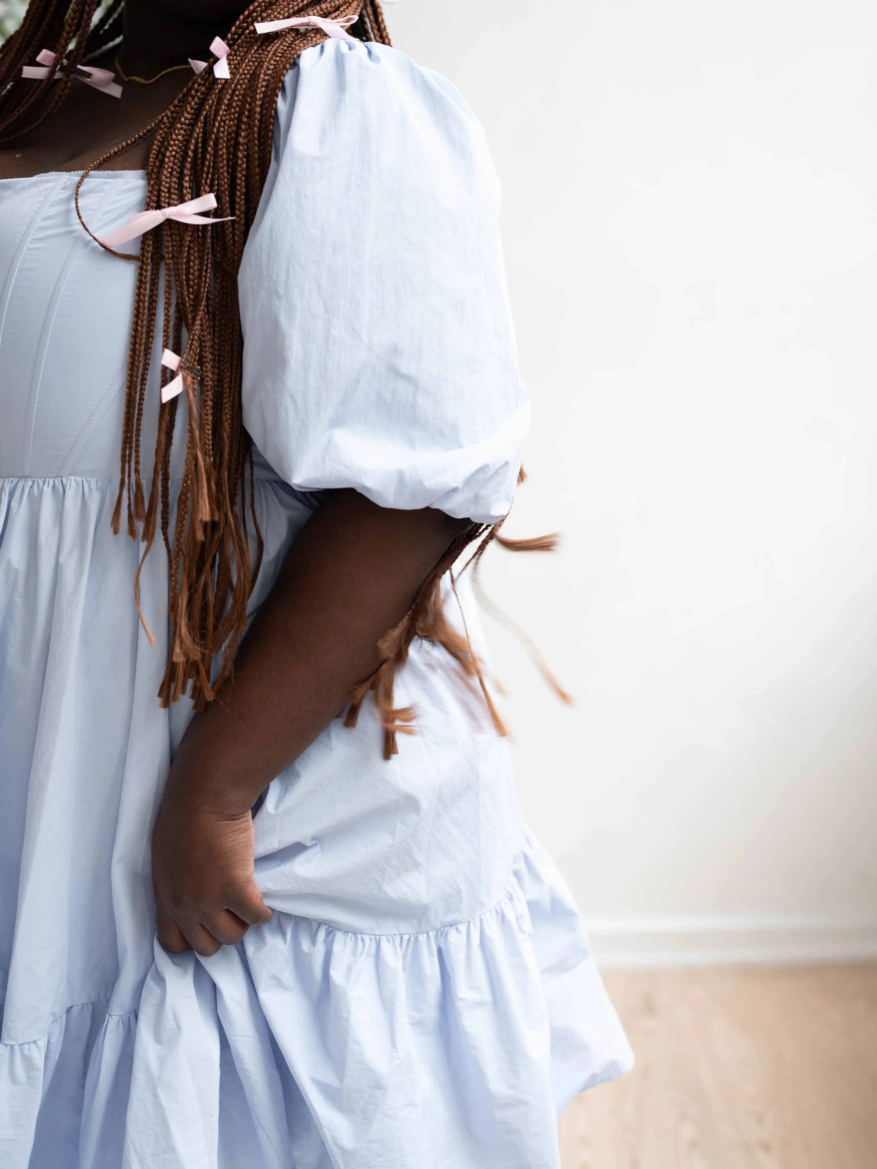 White ruffled Josephine Midi Dress with puffy short sleeves from Alice Blue