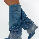 Teal suede Azalea Wang bedazzled denim boots with sparkling rhinestones in gradient pattern