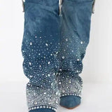 Teal suede boots with rhinestones, The Allo Bedazzled Denim by Azalea Wang