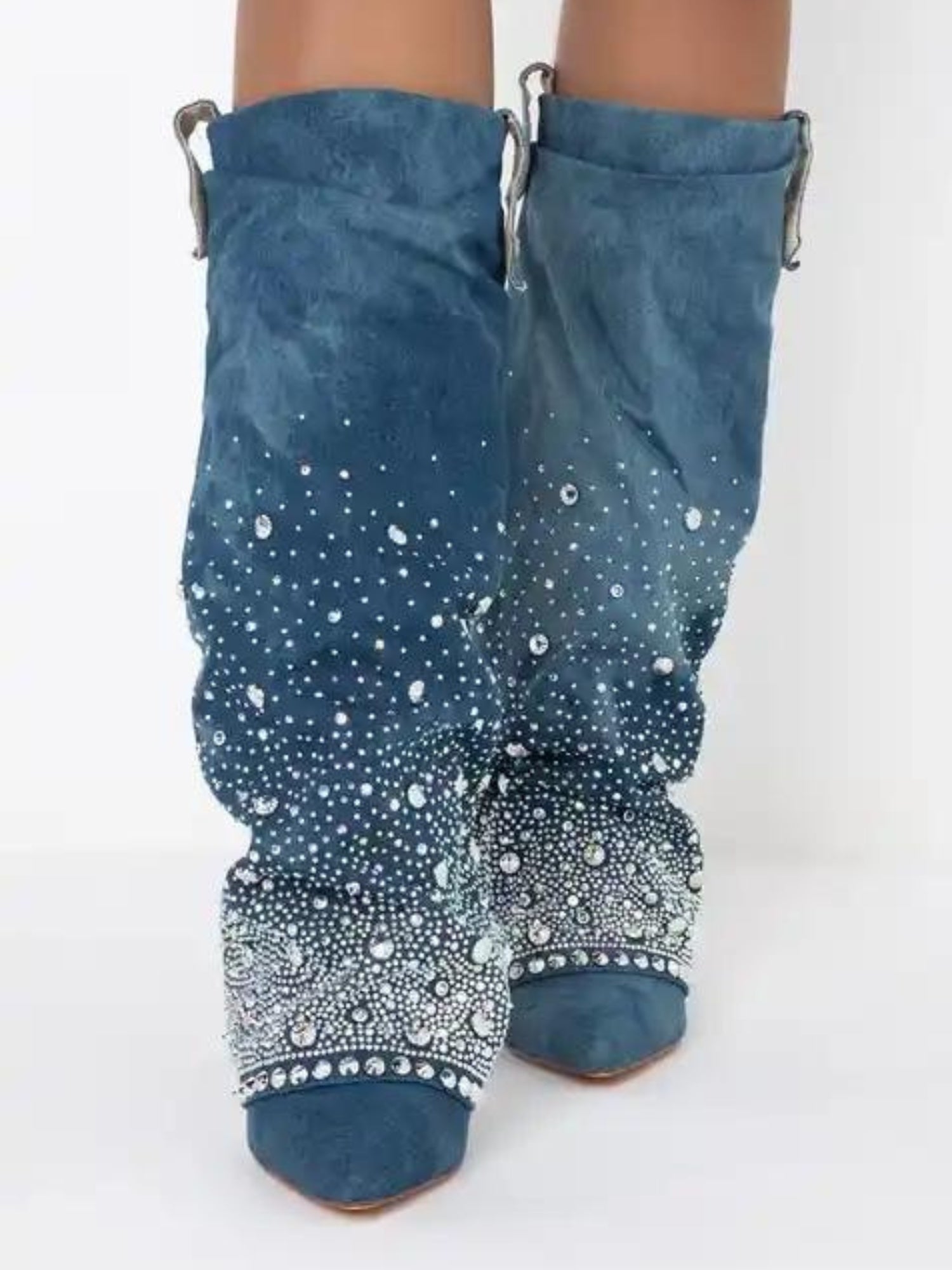 Teal suede boots with rhinestones, The Allo Bedazzled Denim by Azalea Wang