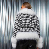 Houndstooth pattern faux fur jacket with white trim from The Annetta collection