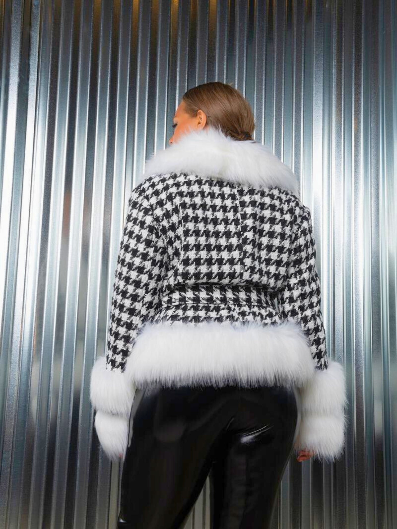 Houndstooth pattern faux fur jacket with white trim from The Annetta collection