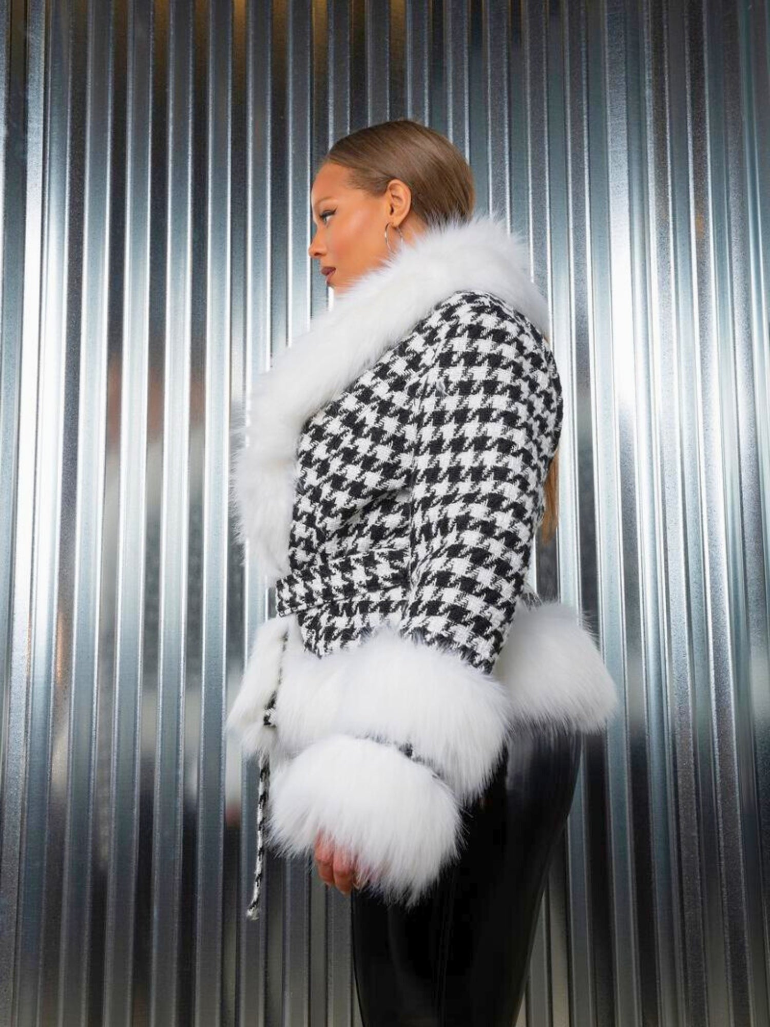 Houndstooth jacket with white faux fur trim and cuffs, The Annetta Faux Fur Jacket