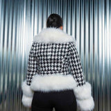 Stylish Annetta Faux Fur Jacket with houndstooth pattern and white fur trim