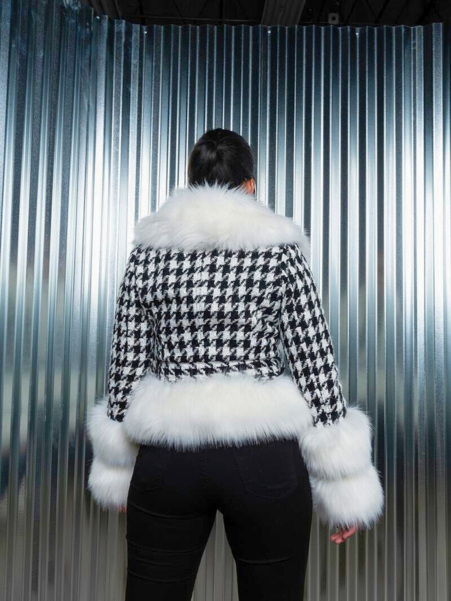 Stylish Annetta Faux Fur Jacket with houndstooth pattern and white fur trim