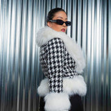 Stylish The Annetta Faux Fur Jacket with houndstooth pattern and white fur trim