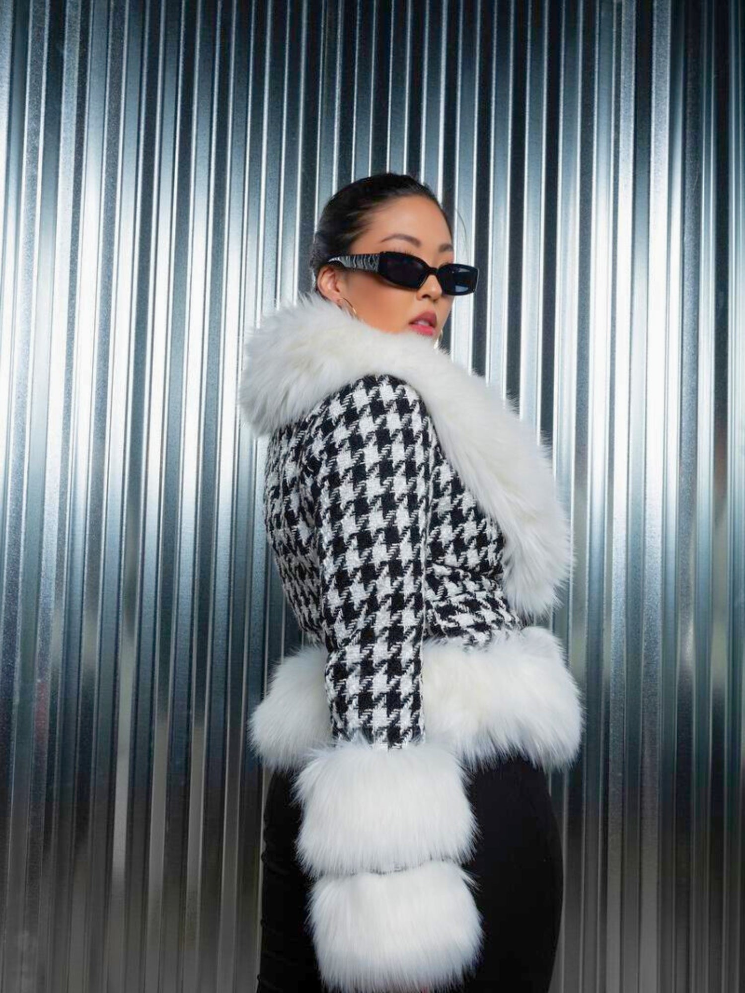 Stylish The Annetta Faux Fur Jacket with houndstooth pattern and white fur trim