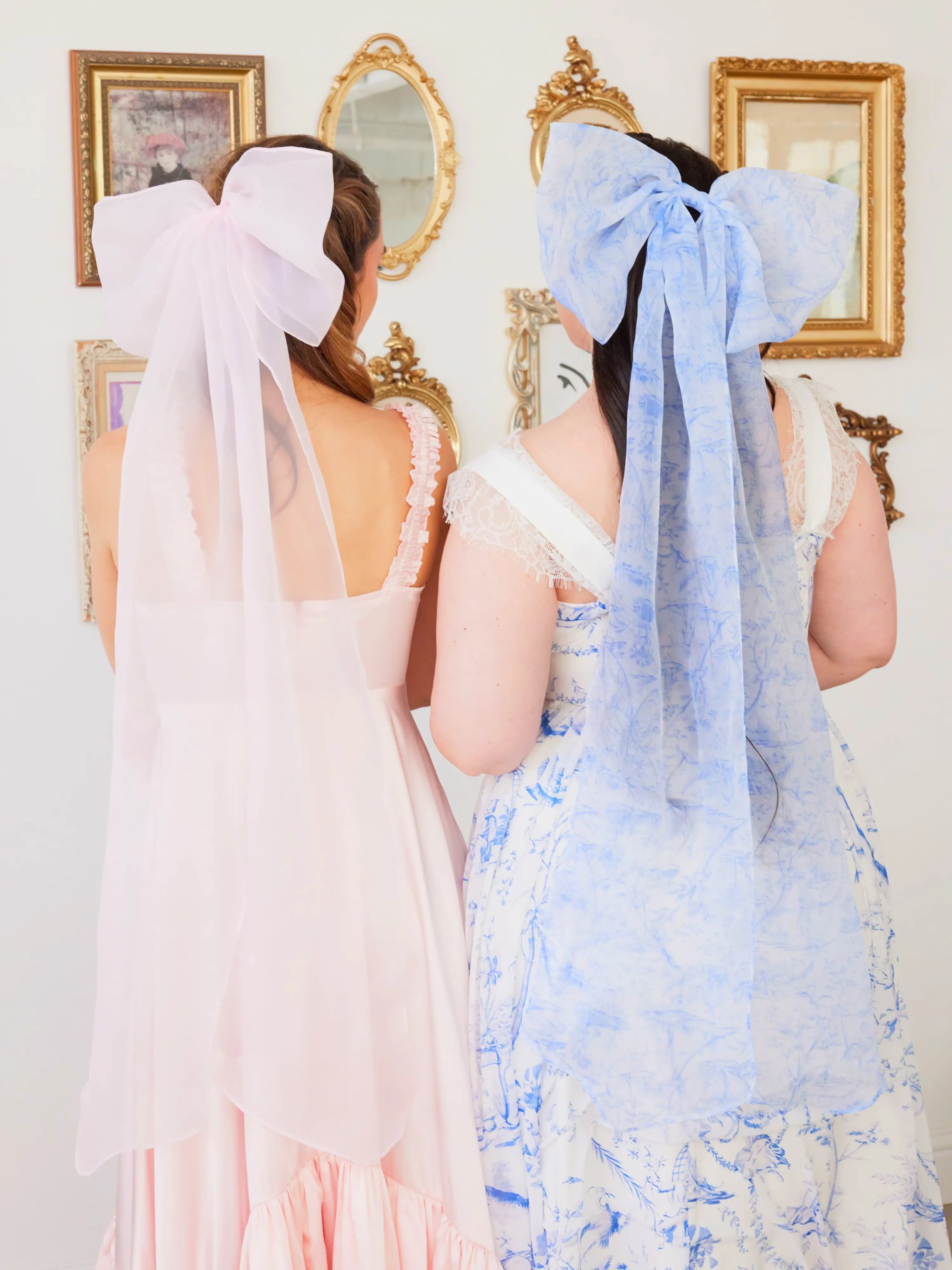 Two people in dresses with giant flutter bows, one pink and one blue, showcasing style