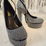 Black glitter heels with silver rhinestones for a stunning evening gown look.