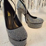 Black glitter heels with silver rhinestones for a stunning evening gown look.