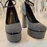 Black glitter heels with sparkly rhinestones perfect for a gown or stylish evening look.
