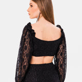 Black Magic Lace Crop Top featuring long sleeves and an elegant open back design