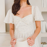 White sweetheart neckline dress with flutter sleeves from the Blue Blooms French Milkmaid Dress